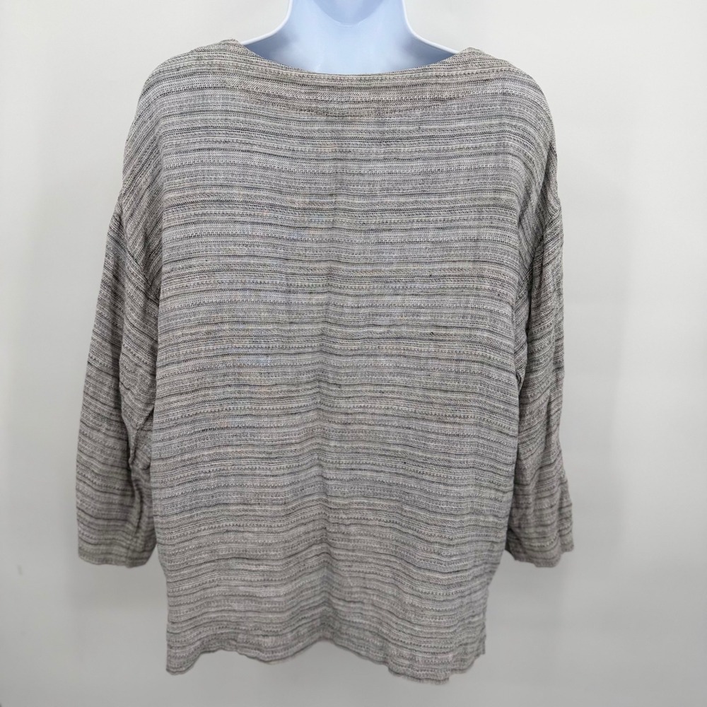 J. Jill Women's‎ S Shirt Top Gray 100% Linen Henley Striped 3/4 Sleeve Relaxed - Picture 2 of 9